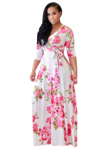 Plus Size White Floral Print Maxi Dress S-5XL