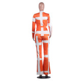 Orange & White Waist Tie Fit Top & Flare Pants Set