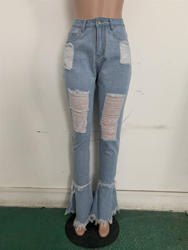 Light Blue Ripped Holes Bell Bottom Jeans