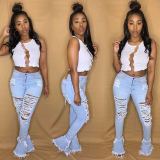 Light Blue Ripped Holes Bell Bottom Jeans