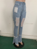 Light Blue Ripped Holes Bell Bottom Jeans