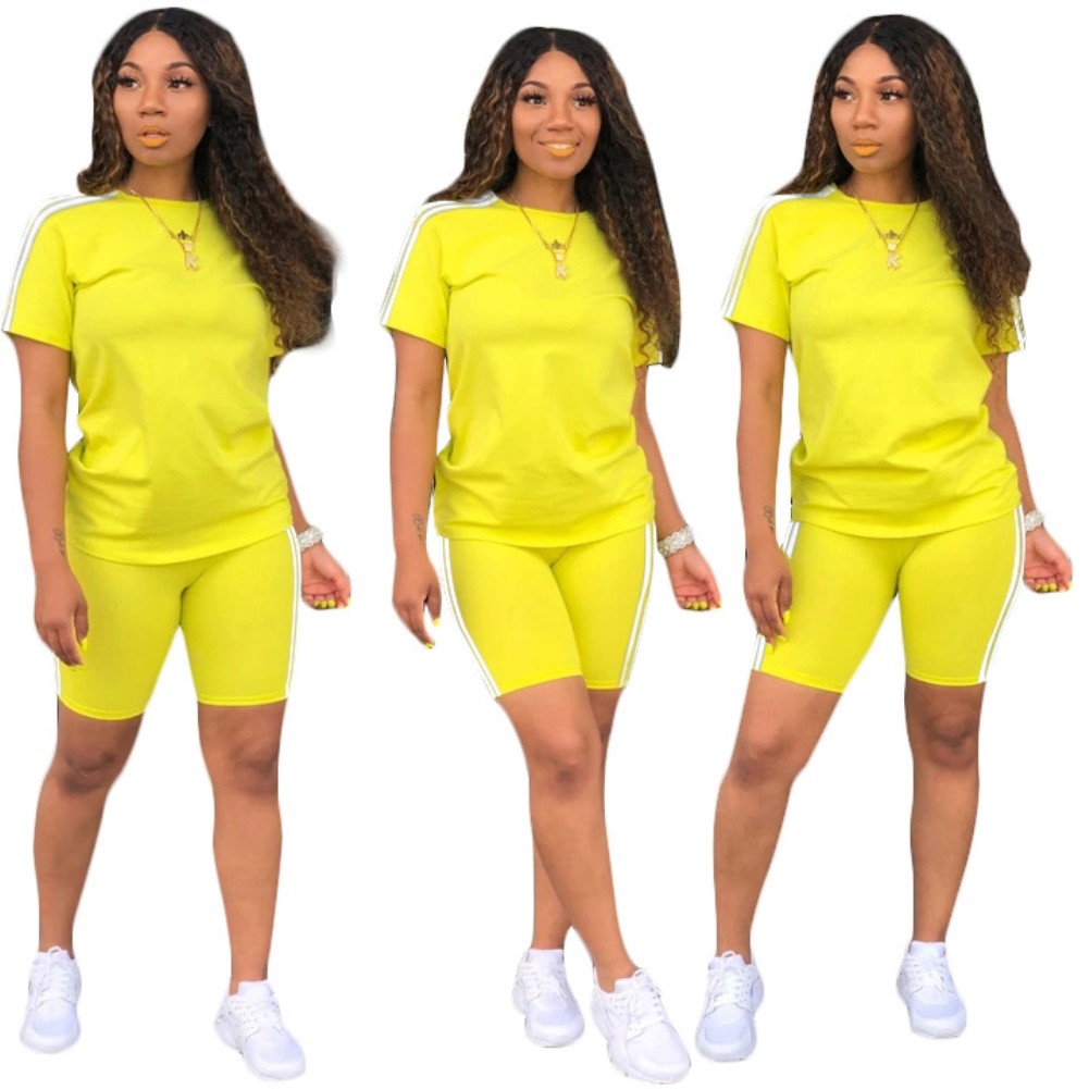 Side Stripes Yellow Two Piece Shorts Set US 7.41