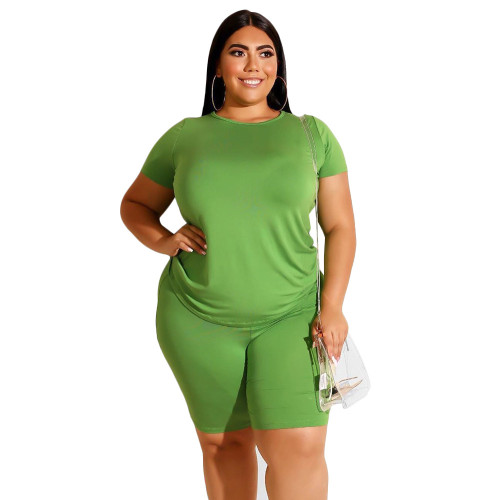Green Basic Casual Plus Size Shorts Set