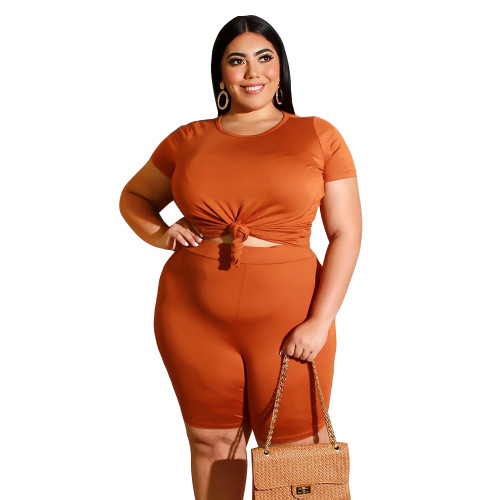 Dark Orange Basic Casual Plus Size Shorts Set