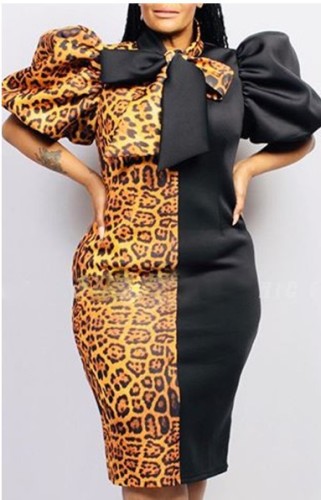 Leopard Colorblock Puff Sleeve Tie Neck Plus Size Midi Dress