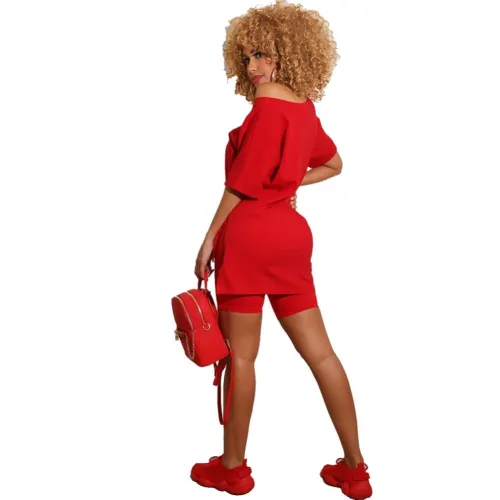 Letter Graphic Red Simple Two Piece Shorts Set