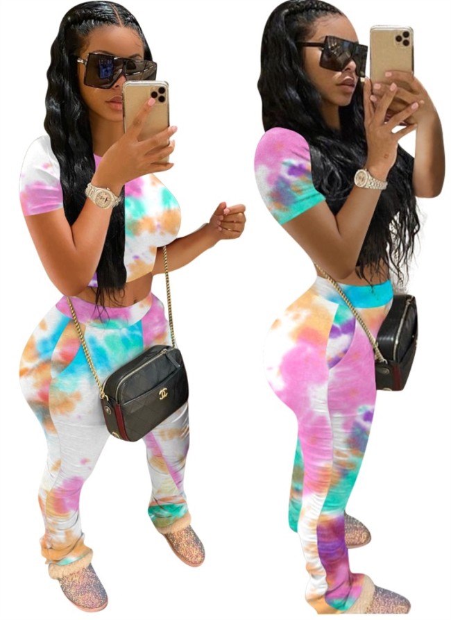 Tie Dye Colorful Tee & Ruched Pants Set