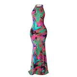 Graffiti Multicolor Cut Out Halter Maxi Dress