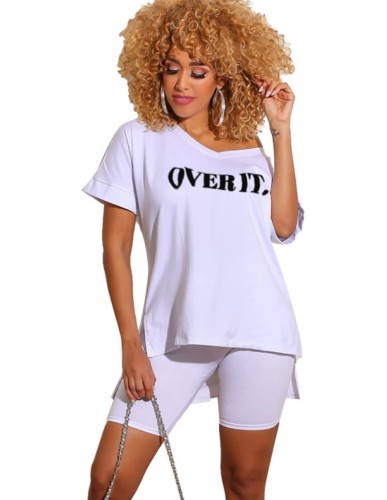 Letter Graphic White Simple Two Piece Shorts Set