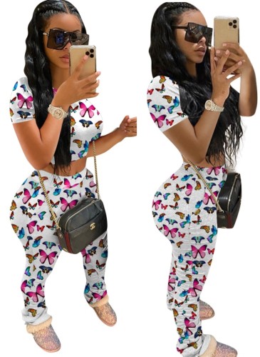 Butterfly Print Tee & Ruched Pants Set