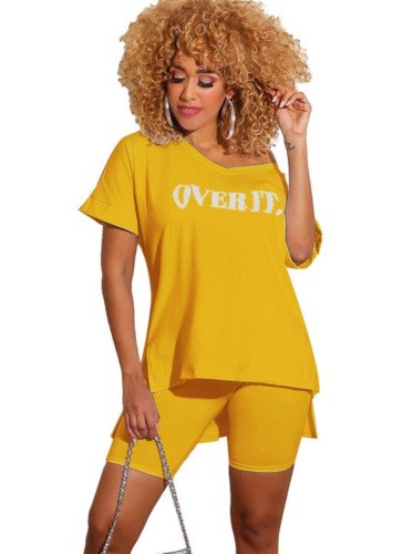 Letter Graphic Yellow Simple Two Piece Shorts Set