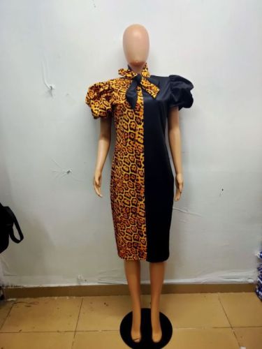 Leopard Colorblock Puff Sleeve Tie Neck Plus Size Midi Dress
