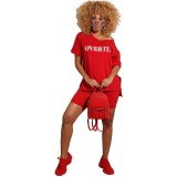 Letter Graphic Red Simple Two Piece Shorts Set
