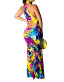 Graffiti Colorful Cutout Halter Maxi Dress