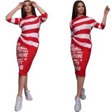 Striped Print Red Casual Two Piece Skirt Set