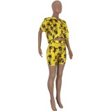 Cartoon Print  Yellow V Neck Crop Top and Shorts Set