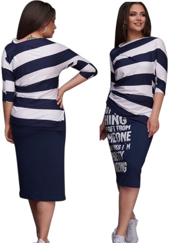 Striped Print Navy Casual Two Piece Skirt Set