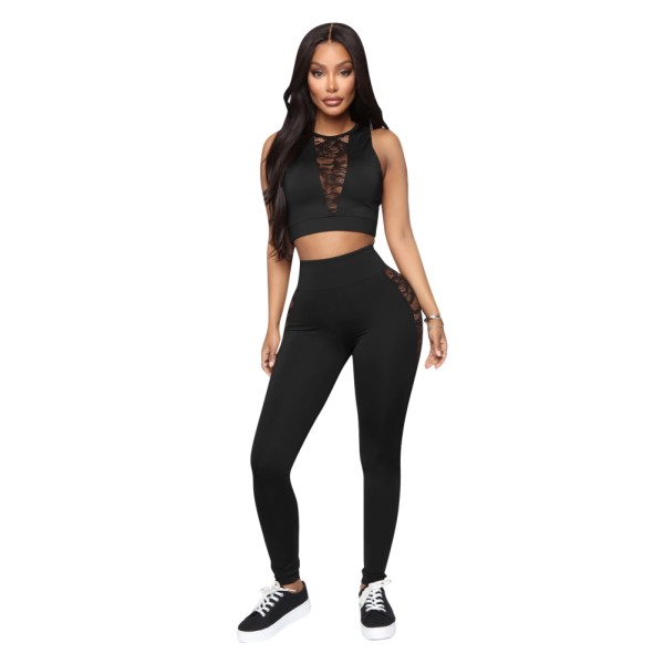 Black Lace Insert Crop Top & Tight Pants Set On Sale For US$ 8.59 - www ...