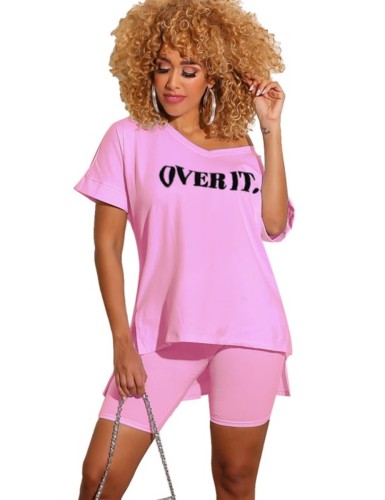 Letter Graphic Pink Simple Two Piece Shorts Set