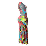 Colorful Print Cut Out Halter Maxi Dress