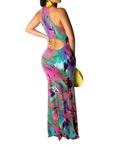 Graffiti Multicolor Cut Out Halter Maxi Dress