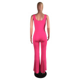 Hot Pink Fashion Sleeveless Flare Jumpsuit