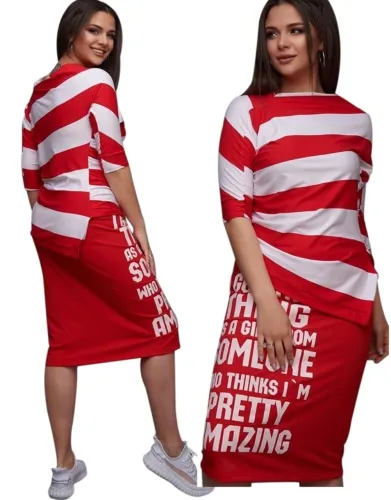 Striped Print Red Casual Two Piece Skirt Set