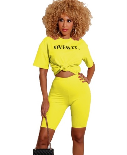 Letter Graphic Yellow Two Piece Shorts Set