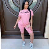 Letter Graphic Pink Two Piece Shorts Set