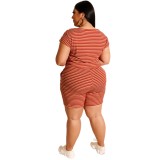 Plus Size Two Piece Red Striped Shorts Set