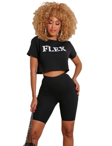 Letter Black Short Tee & High Waist Shorts Set