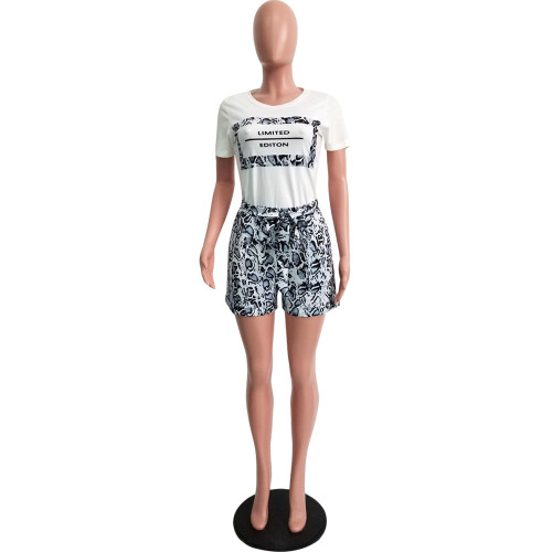 Gray Snakeskin Print Two Piece Casual Shorts Set