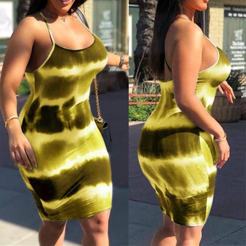 Tie Dye Yellow Plus Size Sexy Cami Dress