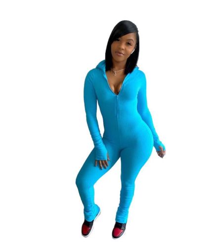 Blue Ribbed High Neck Ruched Detail Bodycon Jumpsuit