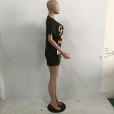 Letter Print Dark Green Tee Dress