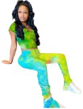 Yellow & Blue Tie Dye Ruched Two Piece Pants Set