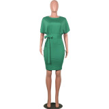Green Short Sleeve Waist Tie Office Dress