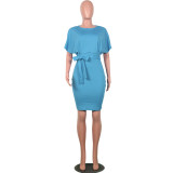Blue Short Sleeve Office Dress with Belt
