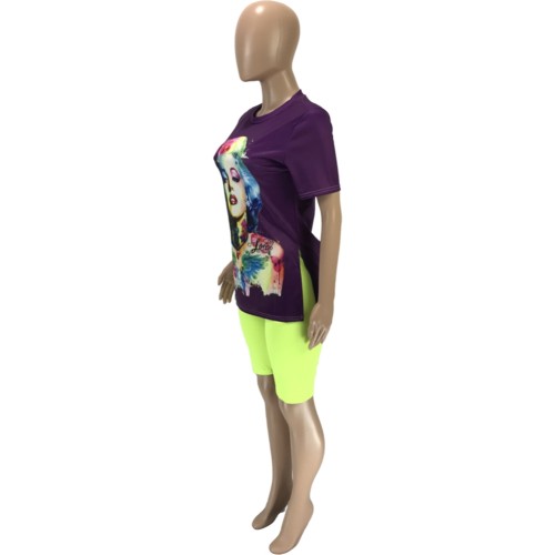 Purple Print Slit Sides Two Piece Shorts Set