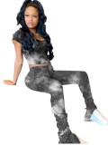 Gray Tie Dye Ruched Two Piece Pants Set