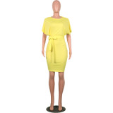 Yellow Short Sleeve Waist Tie Office Dress
