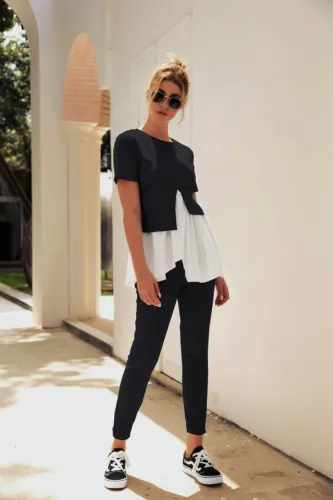 Black Layered Contrast Two Piece Leisure Pants Set