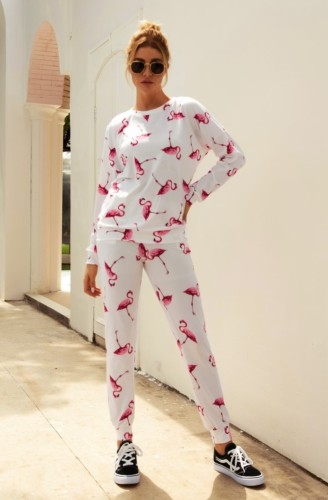 White Long Sleeves Flamingo Two Piece Leisure Pants Set