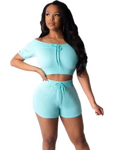 Water Blue Off Shoulder Two Piece Shorts Set