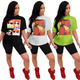 Green Print Two Piece Leisure Shorts Set