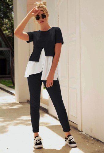 Black Layered Contrast Two Piece Leisure Pants Set
