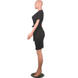 Black Short Sleeve Waist Tie Office Dress