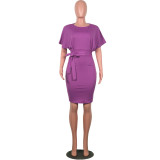 Purple Short Sleeve Office Dress with Belt
