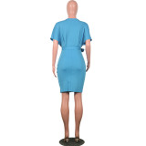 Blue Short Sleeve Office Dress with Belt