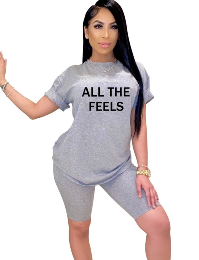 Gray Letter Print  Casual Two Piece Shorts Set